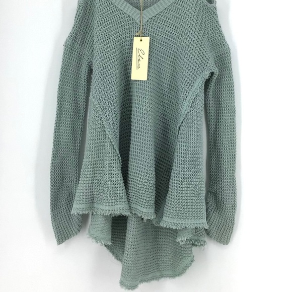 Elan Waffle Mint V-Neck Cold Shoulder Sweater NWT - Picture 3 of 6